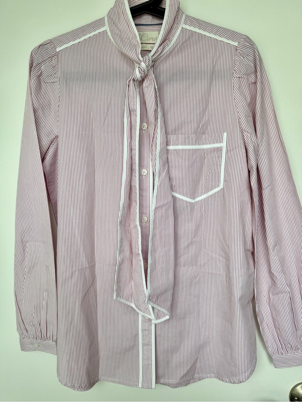 J. Crew Pink and White Striped Tie-Neck Blouse